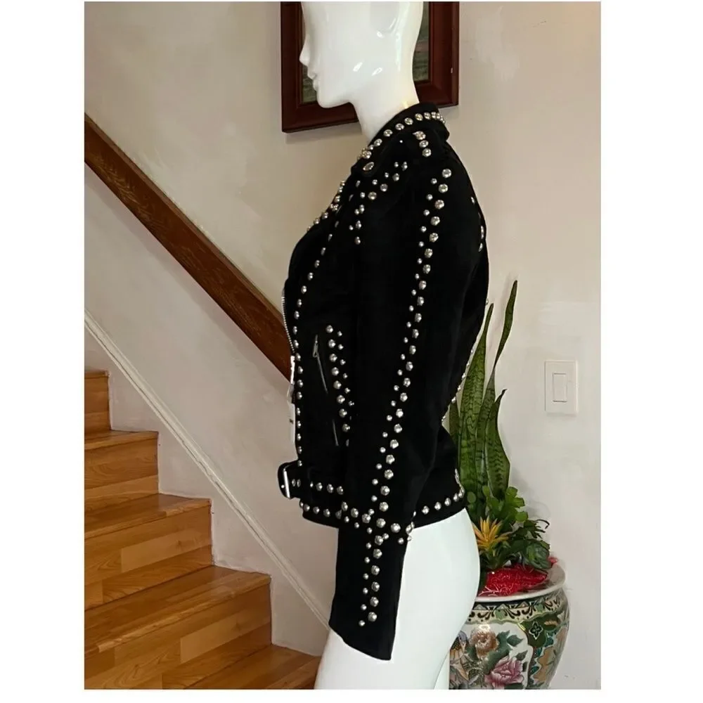 Free People Understated Leather Women's Black Dome Studded Moto Suede Ja…
